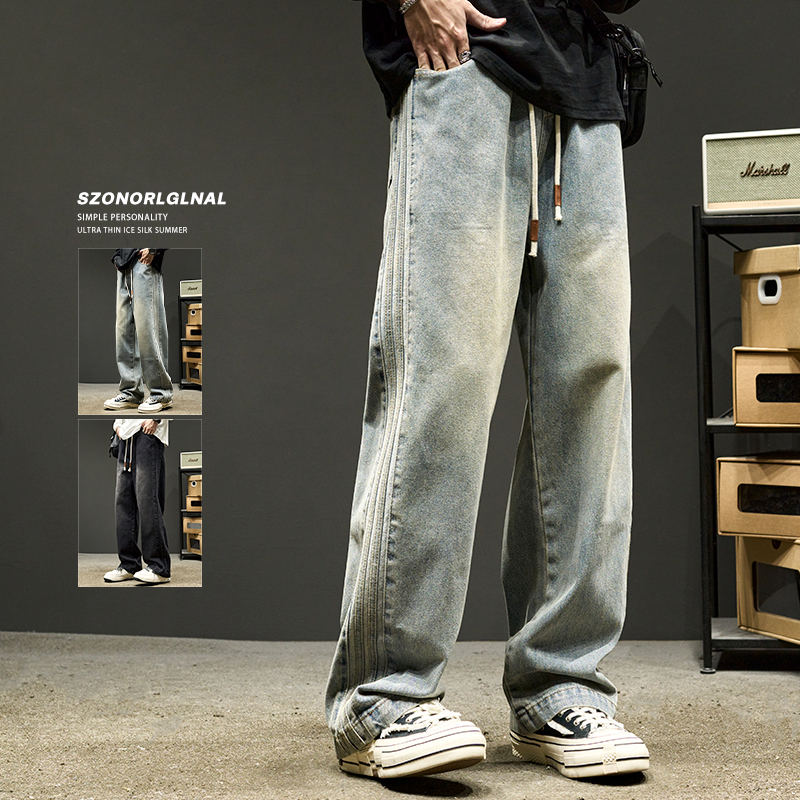 Muške traperice vintage stila, ravni kroj, srednji pojas, denim 65% poliester, mikroelastične, detalji na džepovima