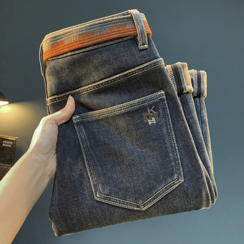 Jeansi bărbați cu căptușeală fleece, croială conică, de iarnă, broderie, închidere cu fermoar