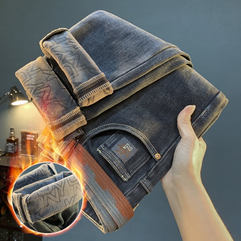 Jeansi bărbați cu căptușeală fleece, croială conică, de iarnă, broderie, închidere cu fermoar