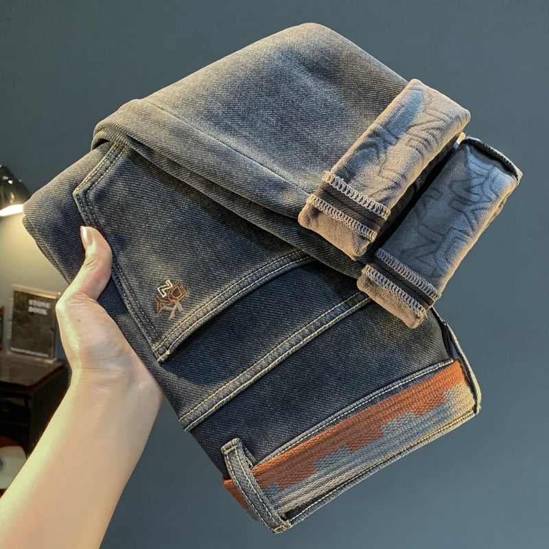 Jeansi bărbați cu căptușeală fleece, croială conică, de iarnă, broderie, închidere cu fermoar