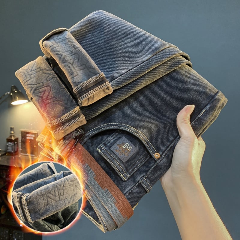 Jeansi bărbați cu căptușeală fleece, croială conică, de iarnă, broderie, închidere cu fermoar