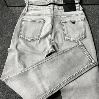 Blugi bărbați cu design triunghi, croială slim straight casual (talie dublă; fermoar cu bandă; catifea texturată; țesătură poliester; patru sezoane)
