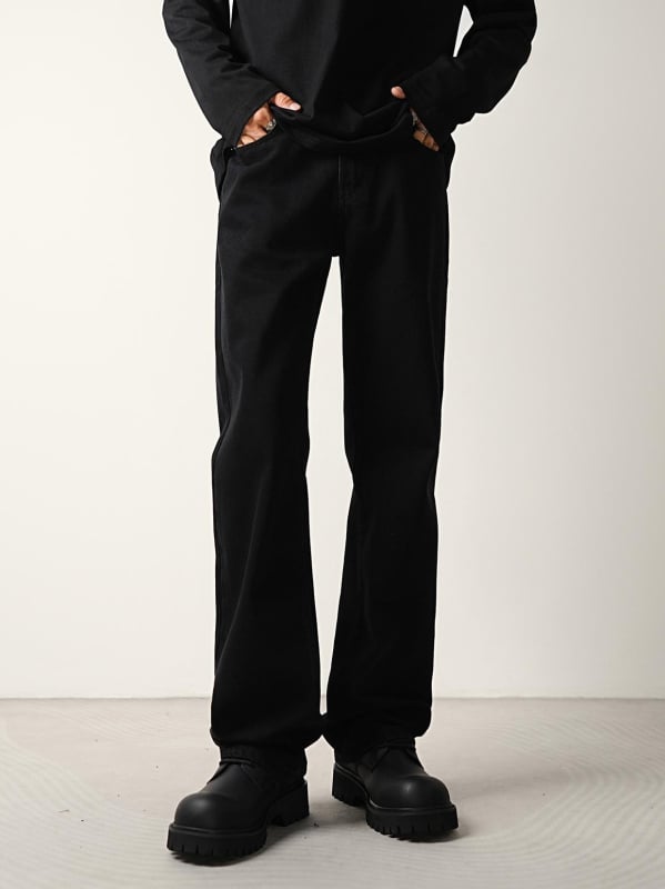 Jeans bărbați cu croială largă și micro-flare, căptușiți cu fleece, talie medie, nasturi în față, croială dreaptă