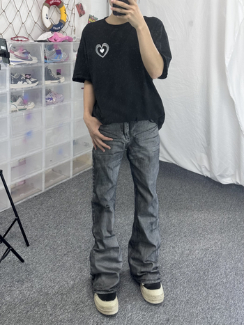 Jeans bărbați în stil High Street, finisaj ceară, croială dreaptă, micro flare, talie dublă și închidere cu șnur