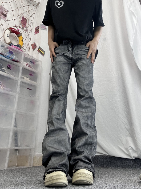 Jeans bărbați în stil High Street, finisaj ceară, croială dreaptă, micro flare, talie dublă și închidere cu șnur