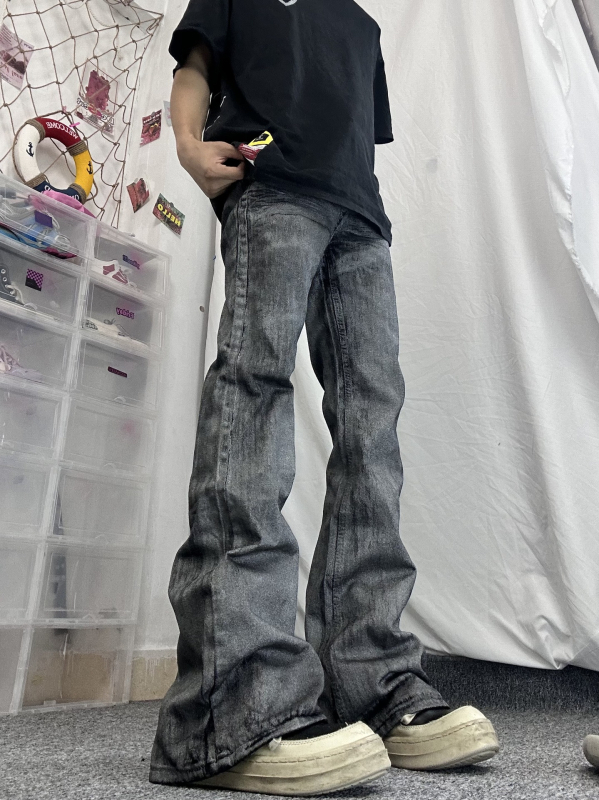 Jeans bărbați în stil High Street, finisaj ceară, croială dreaptă, micro flare, talie dublă și închidere cu șnur