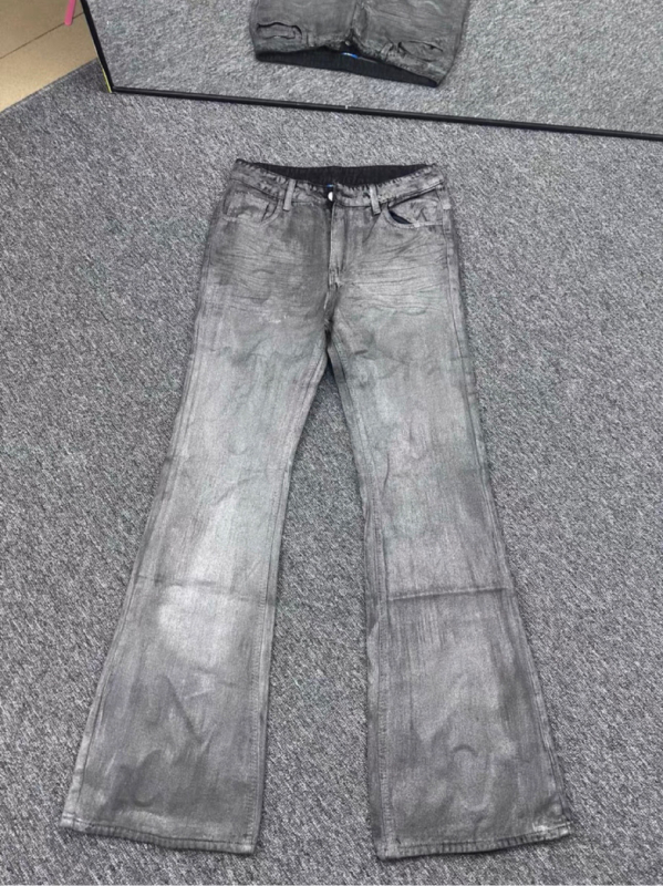 Jeans bărbați în stil High Street, finisaj ceară, croială dreaptă, micro flare, talie dublă și închidere cu șnur