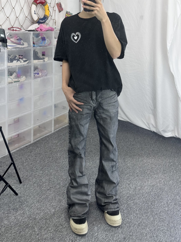 Jeans bărbați în stil High Street, finisaj ceară, croială dreaptă, micro flare, talie dublă și închidere cu șnur