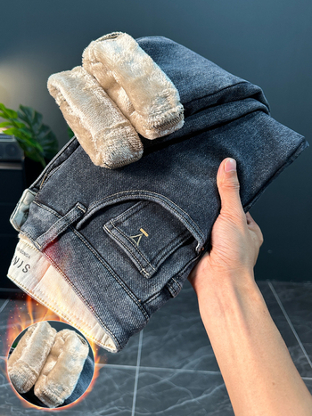 Blugi pentru bărbați cu căptușeală de fleece, talie înaltă, croială strâmtă, închidere cu fermoar, 61,1% bumbac