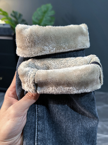 Blugi pentru bărbați cu căptușeală de fleece, talie înaltă, croială strâmtă, închidere cu fermoar, 61,1% bumbac