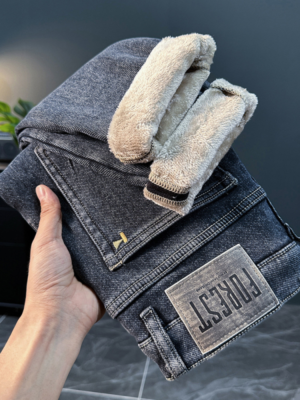 Blugi pentru bărbați cu căptușeală de fleece, talie înaltă, croială strâmtă, închidere cu fermoar, 61,1% bumbac