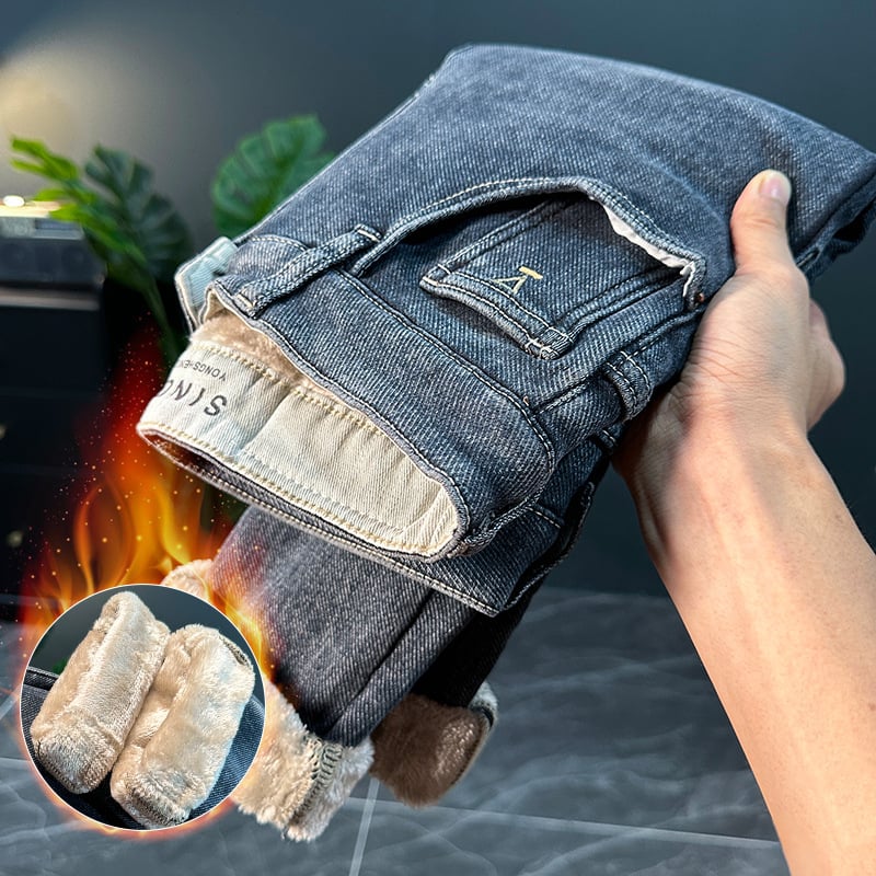 Blugi pentru bărbați cu căptușeală de fleece, talie înaltă, croială strâmtă, închidere cu fermoar, 61,1% bumbac