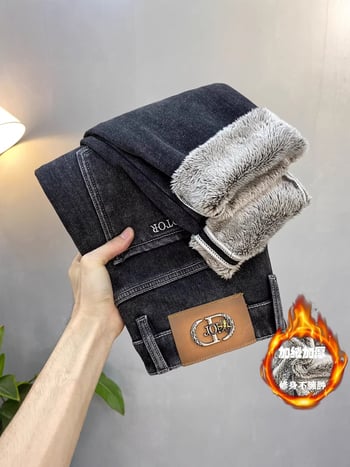 Blugi bărbați cu căptușeală de fleece, croială conică, talie medie, fermoar, bumbac