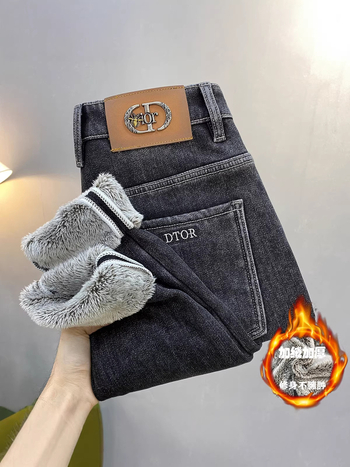 Blugi bărbați cu căptușeală de fleece, croială conică, talie medie, fermoar, bumbac