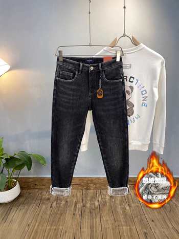 Blugi bărbați cu căptușeală de fleece, croială conică, talie medie, fermoar, bumbac