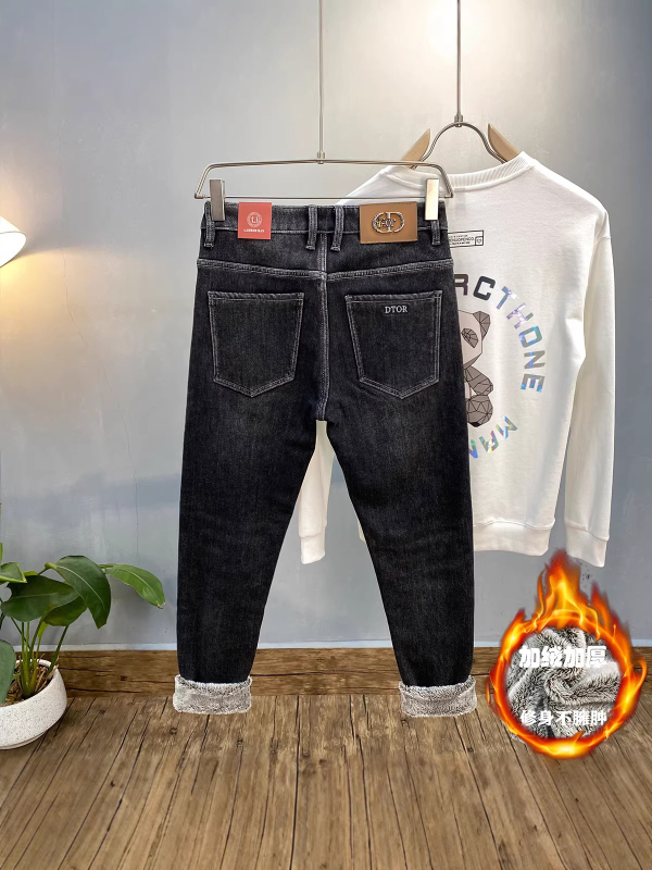 Blugi bărbați cu căptușeală de fleece, croială conică, talie medie, fermoar, bumbac