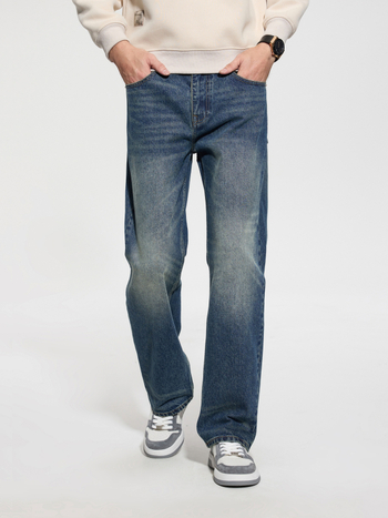 Blugi bărbați cu căptușeală fleece, stil vintage, croială dreptă, denim uzat, fermoar