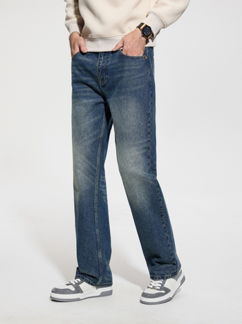 Blugi bărbați cu căptușeală fleece, stil vintage, croială dreptă, denim uzat, fermoar