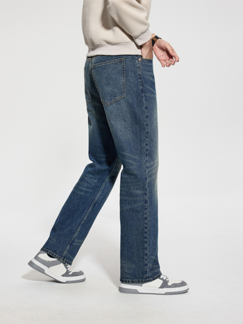 Blugi bărbați cu căptușeală fleece, stil vintage, croială dreptă, denim uzat, fermoar