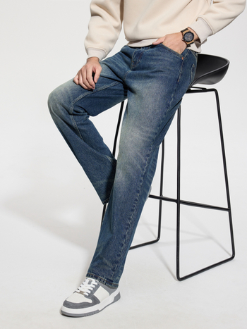 Blugi bărbați cu căptușeală fleece, stil vintage, croială dreptă, denim uzat, fermoar