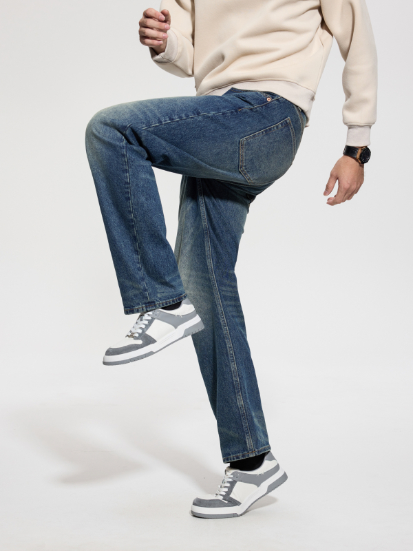 Blugi bărbați cu căptușeală fleece, stil vintage, croială dreptă, denim uzat, fermoar