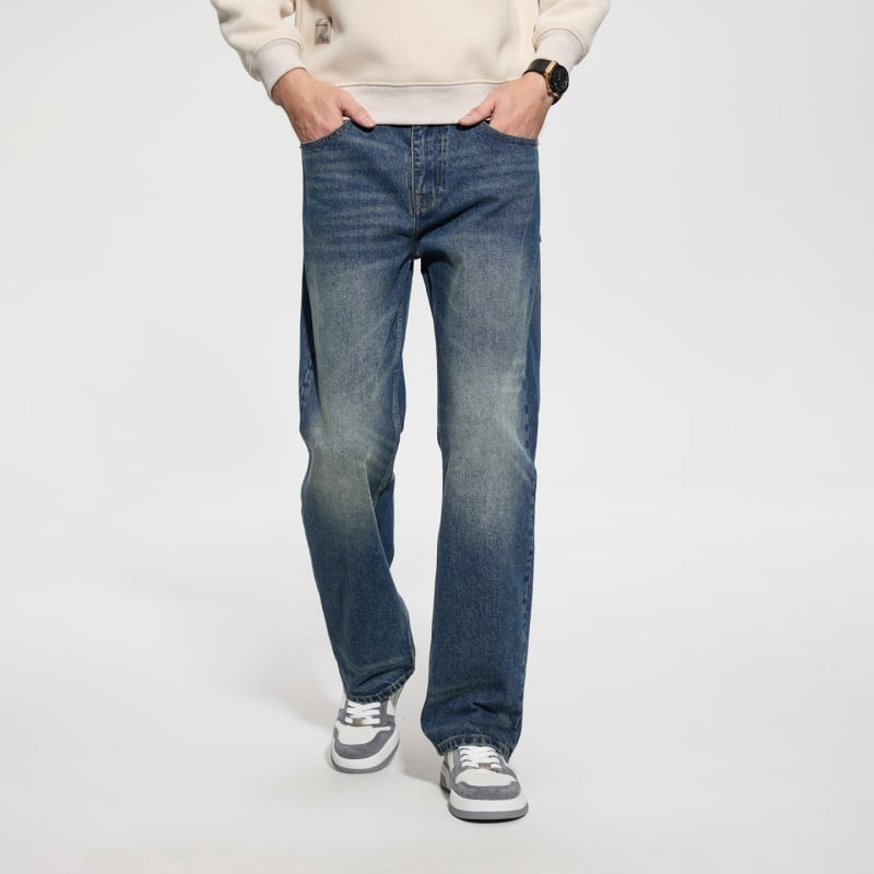 Blugi bărbați cu căptușeală fleece, stil vintage, croială dreptă, denim uzat, fermoar