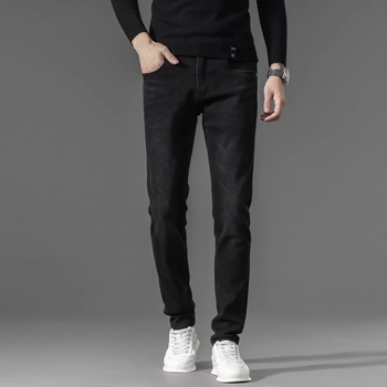 Jeansi pentru bărbați cu căptușeală de fleece, broderie, croială dreaptă, micro-elastic, fermoar, iarnă