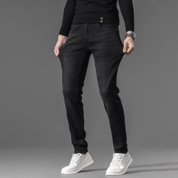 Jeansi pentru bărbați cu căptușeală de fleece, broderie, croială dreaptă, micro-elastic, fermoar, iarnă