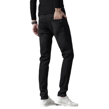 Jeansi pentru bărbați cu căptușeală de fleece, broderie, croială dreaptă, micro-elastic, fermoar, iarnă