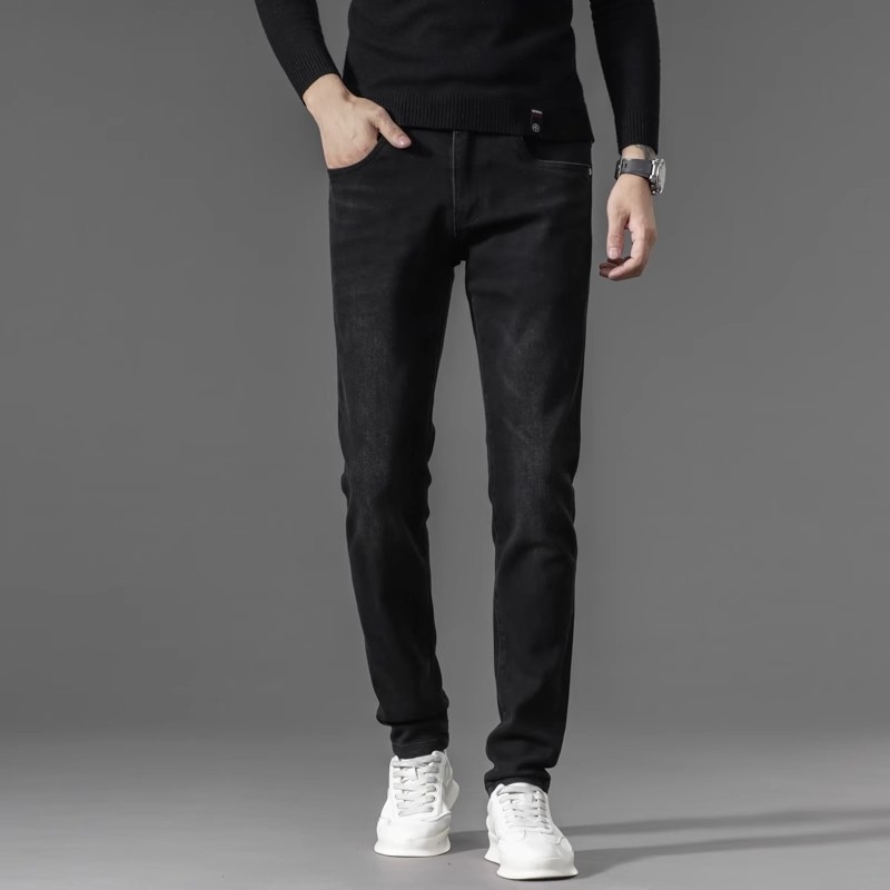 Jeansi pentru bărbați cu căptușeală de fleece, broderie, croială dreaptă, micro-elastic, fermoar, iarnă