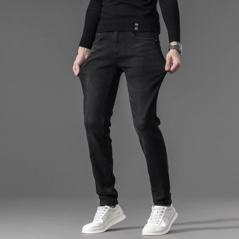 Jeansi pentru bărbați cu căptușeală de fleece, broderie, croială dreaptă, micro-elastic, fermoar, iarnă