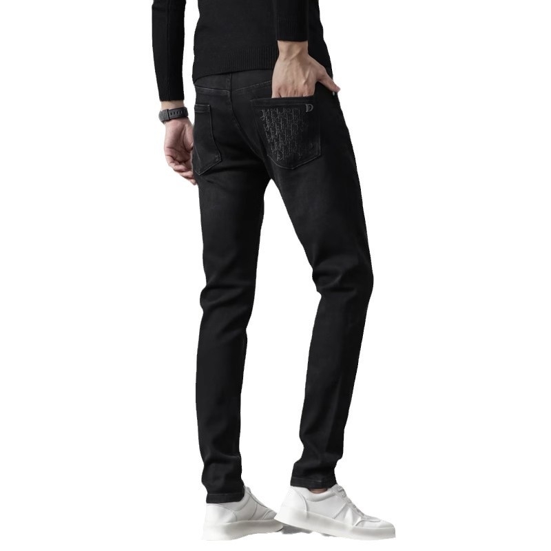 Jeansi pentru bărbați cu căptușeală de fleece, broderie, croială dreaptă, micro-elastic, fermoar, iarnă