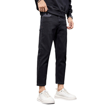 Blugi bărbați cu croială dreaptă, talie medie, lungime 9/10, bumbac, fermoar, detalii jacquard, căptușeală fleece, potriviți pentru toamnă