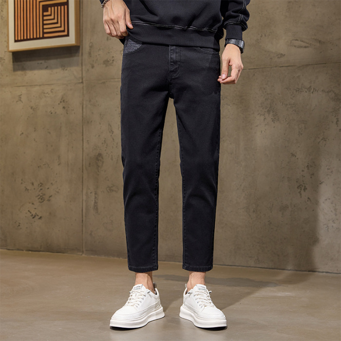 Blugi bărbați cu croială dreaptă, talie medie, lungime 9/10, bumbac, fermoar, detalii jacquard, căptușeală fleece, potriviți pentru toamnă