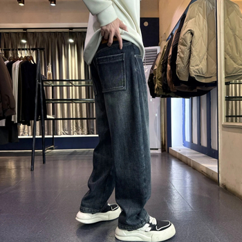 Jeansi din denim pentru bărbați – cu căptușeală de fleece, groși, micro-elastici, croială dreaptă, denim lavat, fermoar