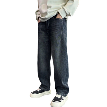 Jeansi din denim pentru bărbați – cu căptușeală de fleece, groși, micro-elastici, croială dreaptă, denim lavat, fermoar