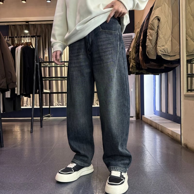 Jeansi din denim pentru bărbați – cu căptușeală de fleece, groși, micro-elastici, croială dreaptă, denim lavat, fermoar