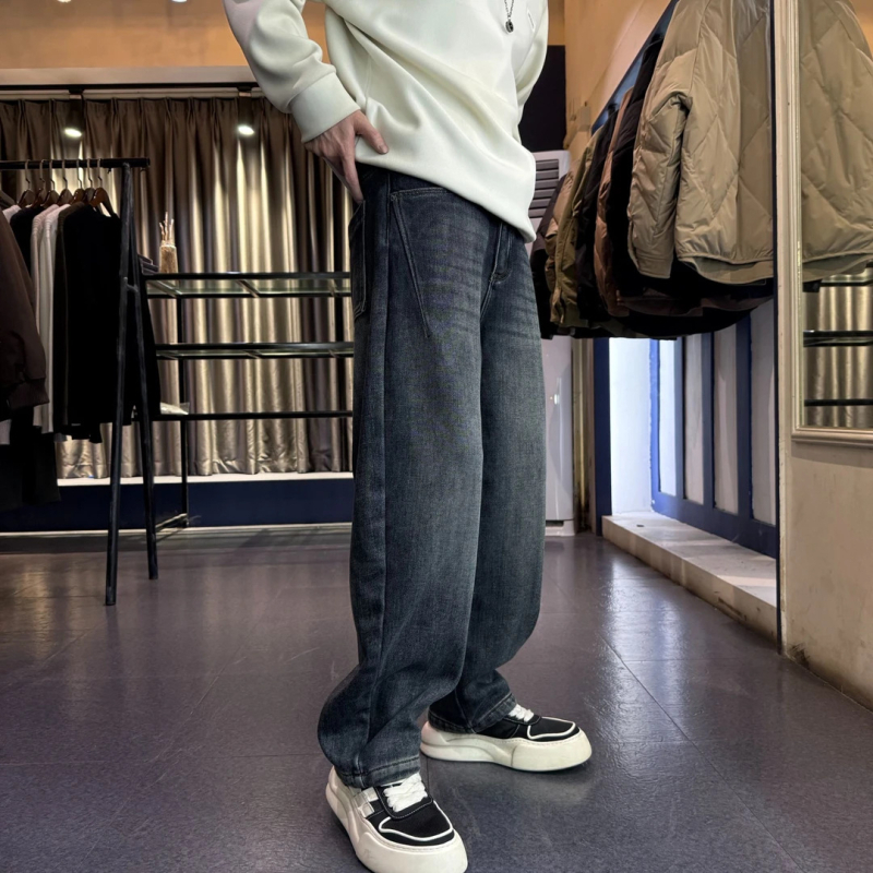 Jeansi din denim pentru bărbați – cu căptușeală de fleece, groși, micro-elastici, croială dreaptă, denim lavat, fermoar
