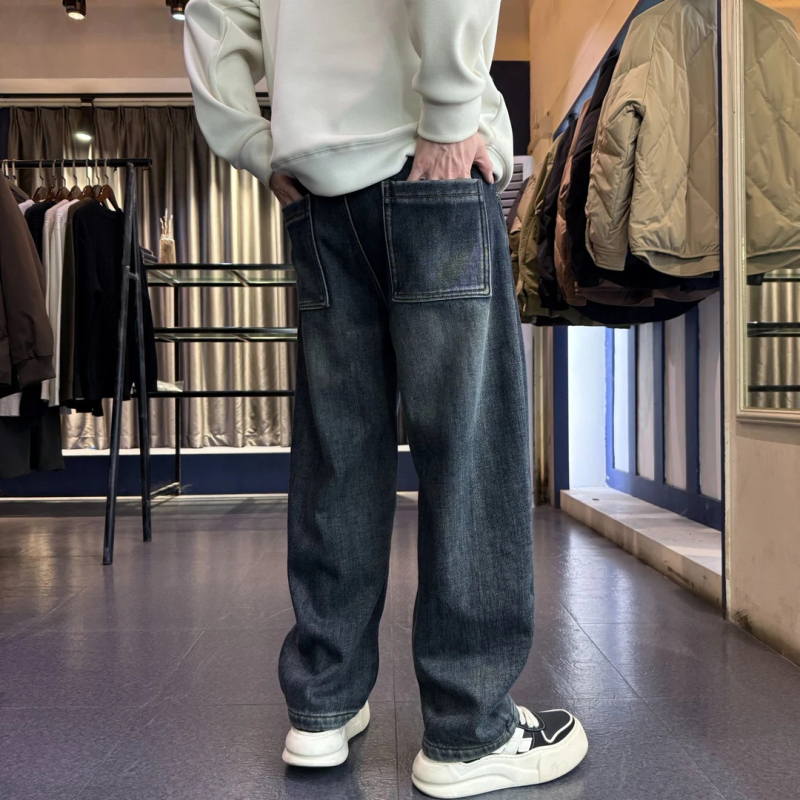 Jeansi din denim pentru bărbați – cu căptușeală de fleece, groși, micro-elastici, croială dreaptă, denim lavat, fermoar