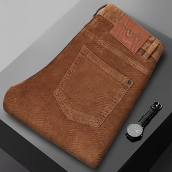 Jeans corduroy pentru bărbați — denim din bumbac cu elastan, talie medie, croială dreaptă, fermoar, grosime de iarnă