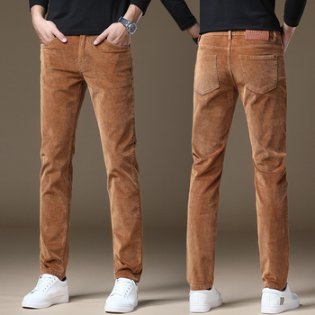 Jeans corduroy pentru bărbați — denim din bumbac cu elastan, talie medie, croială dreaptă, fermoar, grosime de iarnă