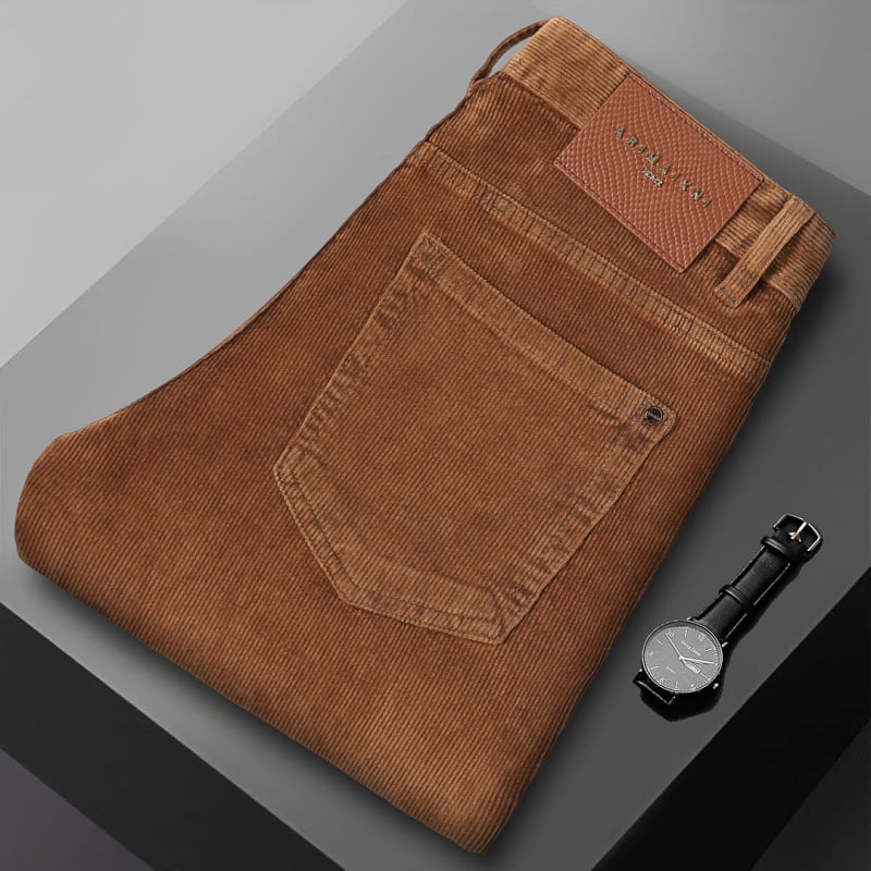 Jeans corduroy pentru bărbați — denim din bumbac cu elastan, talie medie, croială dreaptă, fermoar, grosime de iarnă