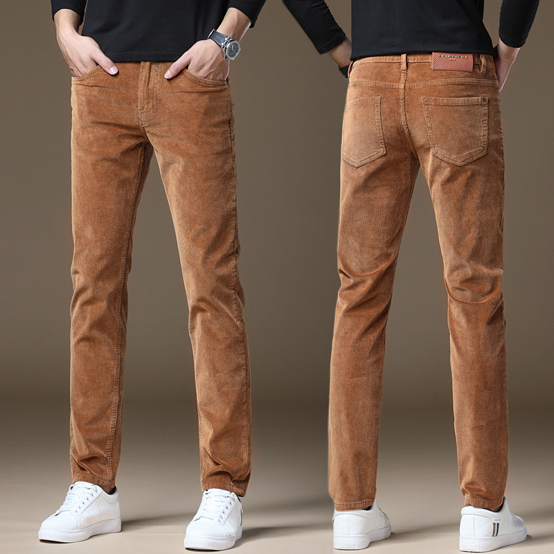 Jeans corduroy pentru bărbați — denim din bumbac cu elastan, talie medie, croială dreaptă, fermoar, grosime de iarnă