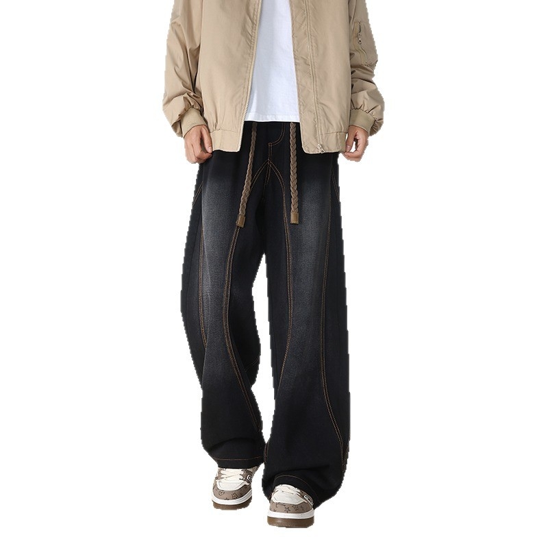 Blugi bărbați drepti, stil vintage, căptușeală fleece, denim din bumbac, talie medie, fermoar, mai multe buzunare.