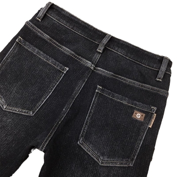 Jeans pentru bărbați, stil coreean, căptuțiți cu fleece, croială strânsă, talie medie, fermoar