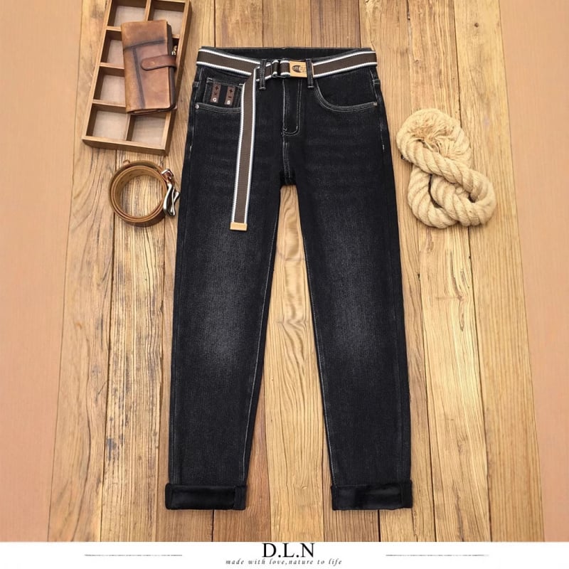 Jeans pentru bărbați, stil coreean, căptuțiți cu fleece, croială strânsă, talie medie, fermoar