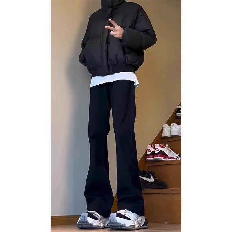 Jeansi unisex cu căptușeală fleece, groși, croială lejeră micro-flare, talie medie, închidere cu fermoar