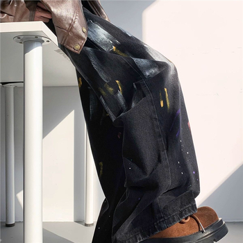 Vyrų aukšto juosmens tiesaus kirpimo džinsai su graffiti spauda, poliesteris, ilgos kelnės paaugliams