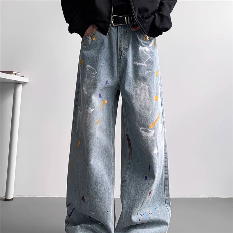 Vyrų aukšto juosmens tiesaus kirpimo džinsai su graffiti spauda, poliesteris, ilgos kelnės paaugliams