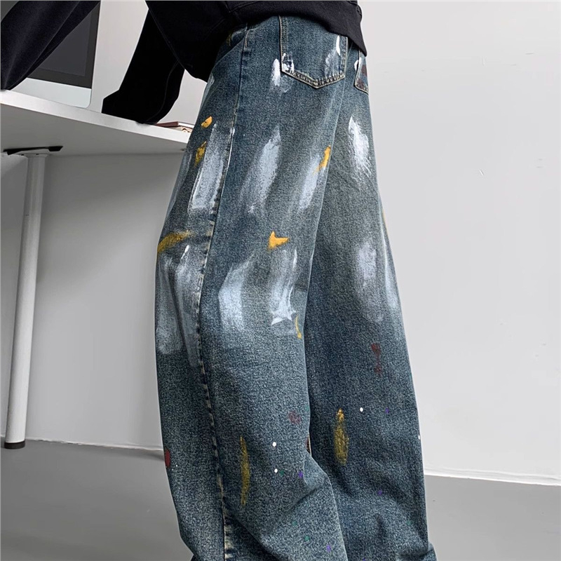 Vyrų aukšto juosmens tiesaus kirpimo džinsai su graffiti spauda, poliesteris, ilgos kelnės paaugliams